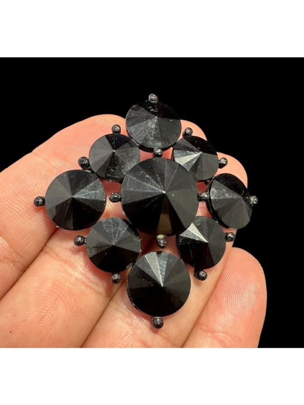 Vintage Signed WEISS Black Glass Rivoli Rhinestone Brooch Statement Pin